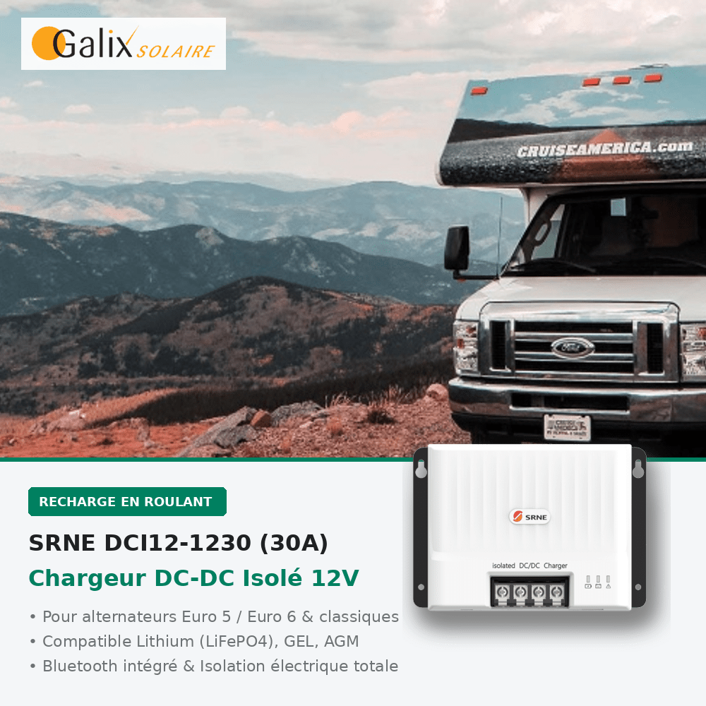 Chargeur DC-DC Isolé 12V / 30A SRNE (Réf. DCI12-1230) – Boosteur de Charge & Convertisseur pour Batterie Van, Camping-car, Bateau & Lithium LFP (Bluetooth Intégré) - Galix Solaire Shop