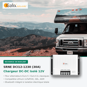 Chargeur DC-DC Isolé 12V / 30A SRNE (Réf. DCI12-1230) – Boosteur de Charge & Convertisseur pour Batterie Van, Camping-car, Bateau & Lithium LFP (Bluetooth Intégré) - Galix Solaire Shop
